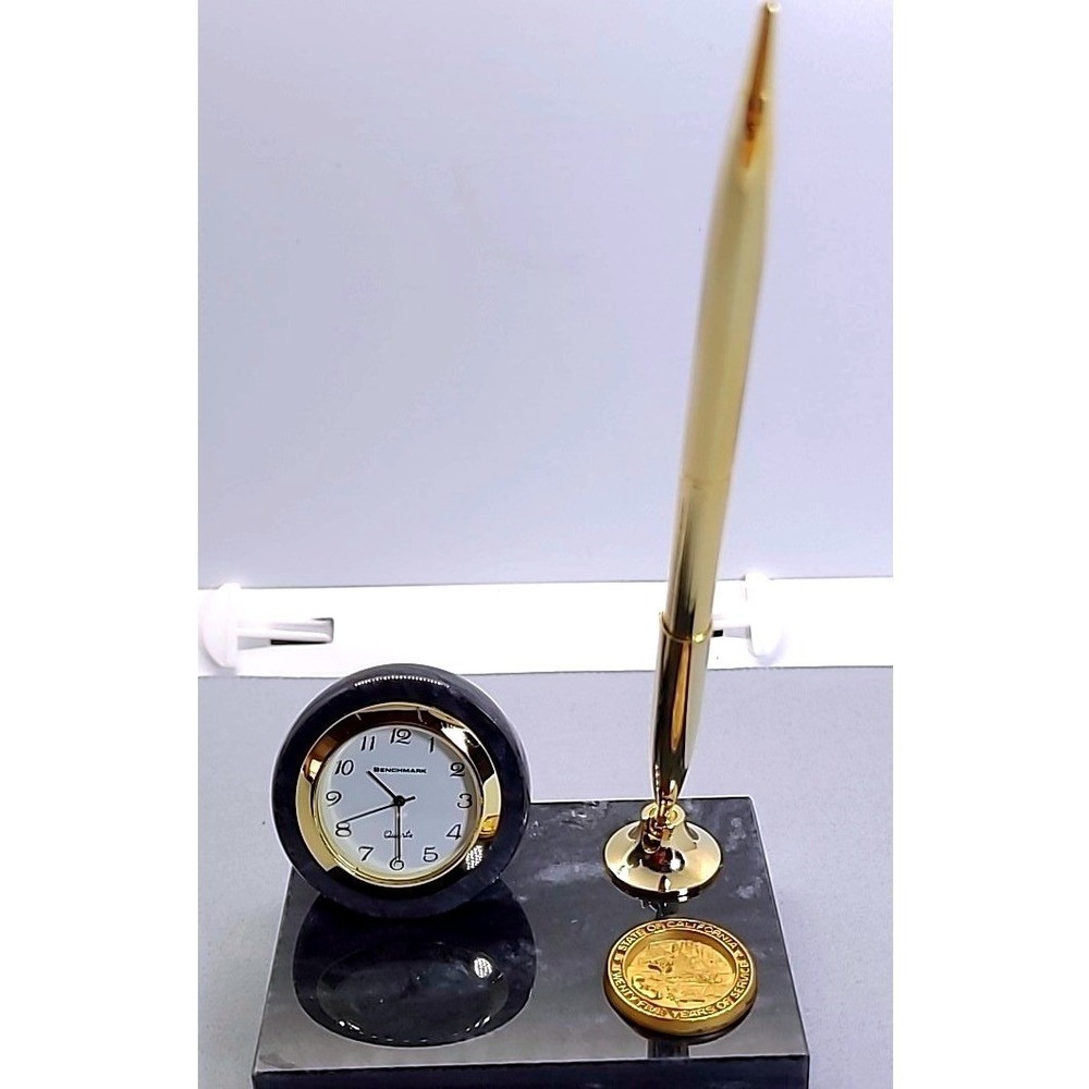 Vintage Benchmark Desk Set Clock Pen State of California Black Marble Gold‎ Tone